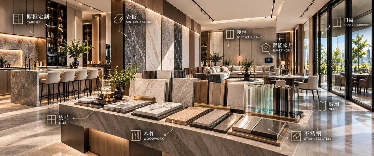 Material showroom: cabinetry, sintered stone, tiles, glass, wall panels and stainless steel