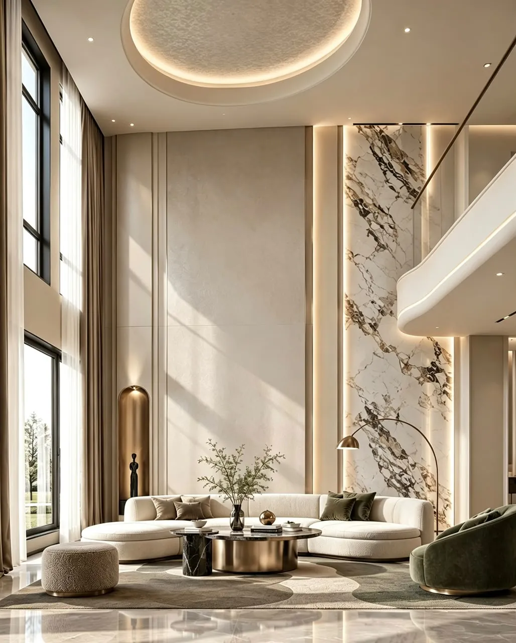 Double-height living room in cream and marble with a curved sofa