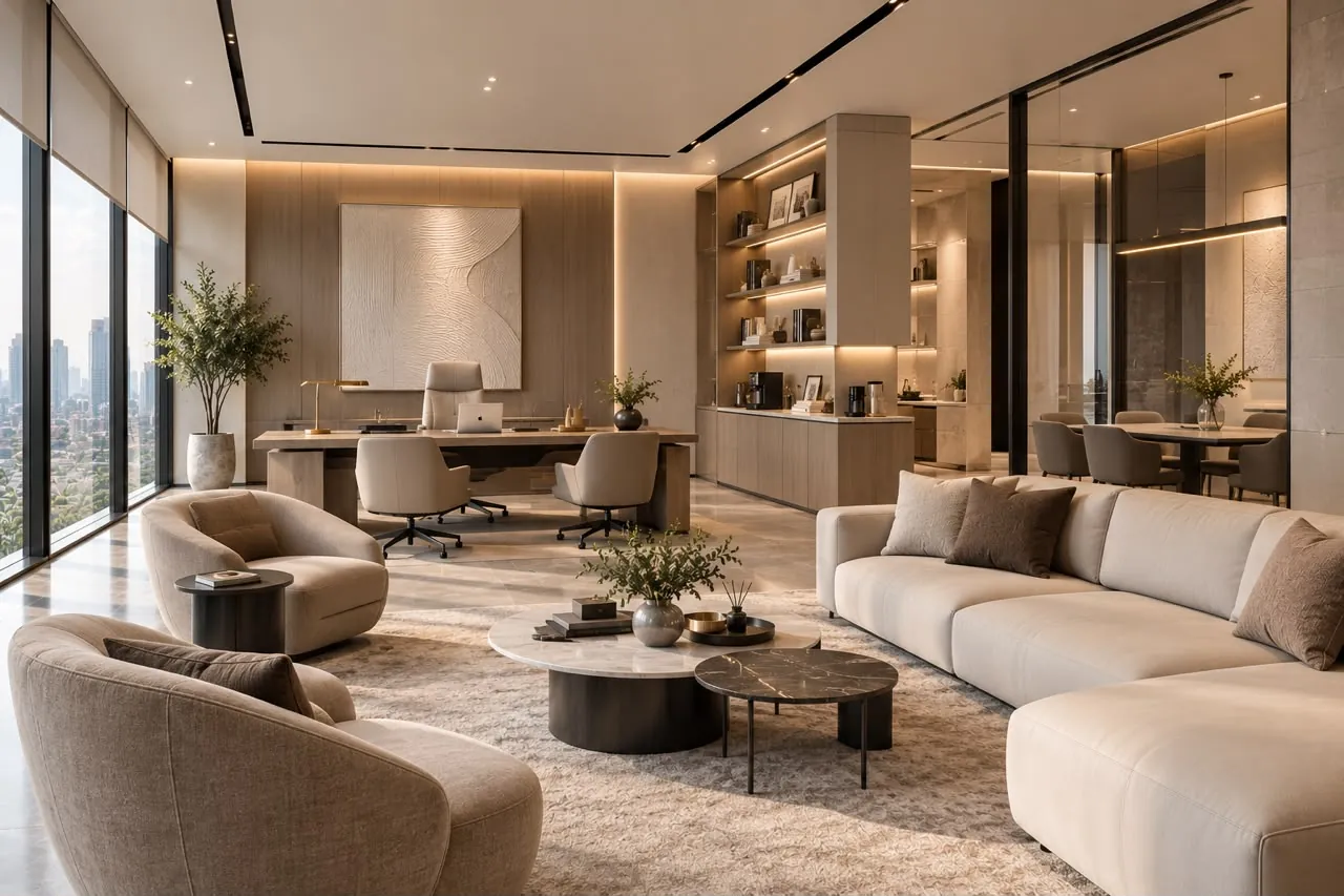 Open living and study area in warm neutrals with floor-to-ceiling glass